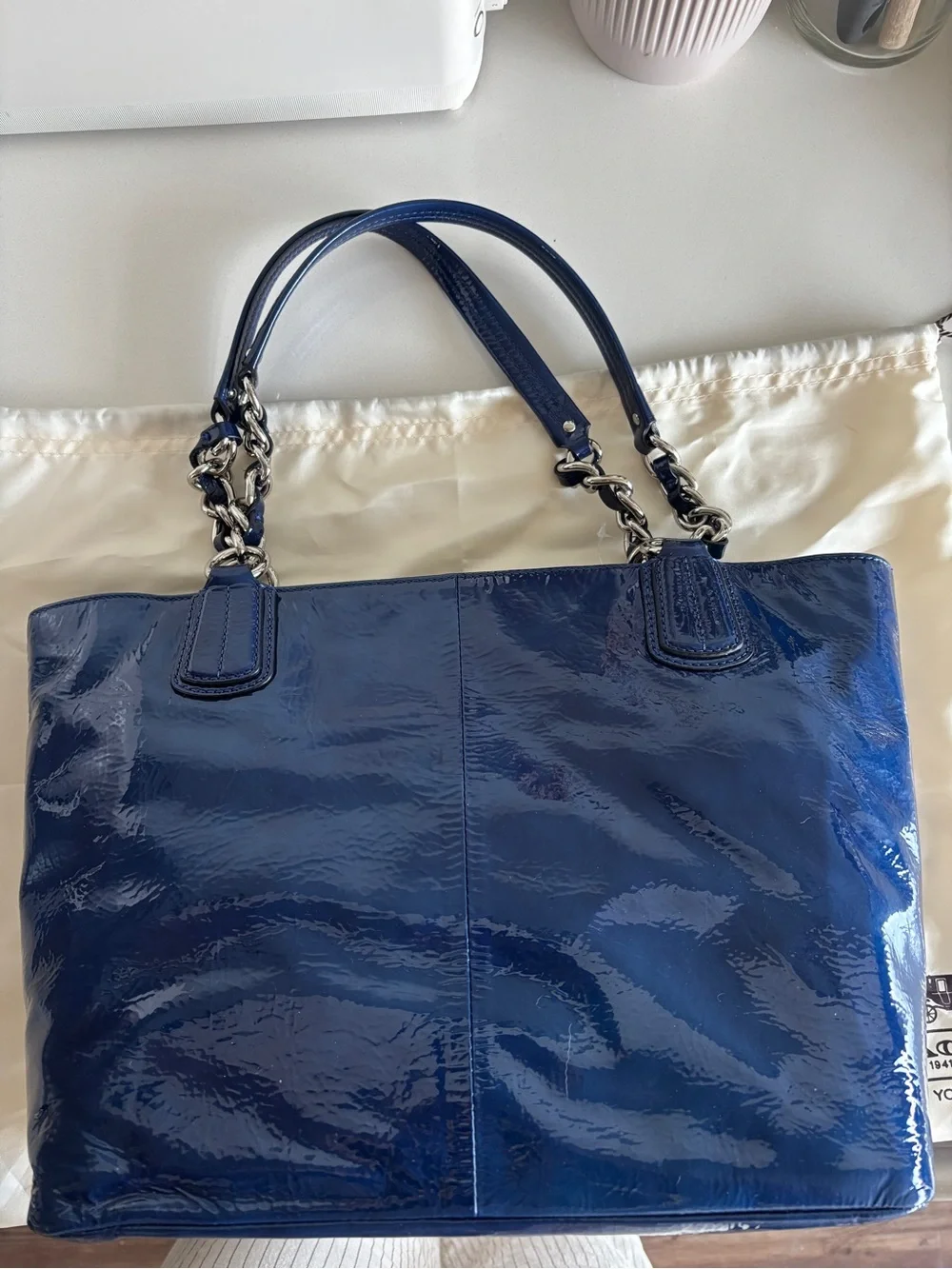 NWT Coach Glossy Patent Tote in Navy Blue with Chain Handles